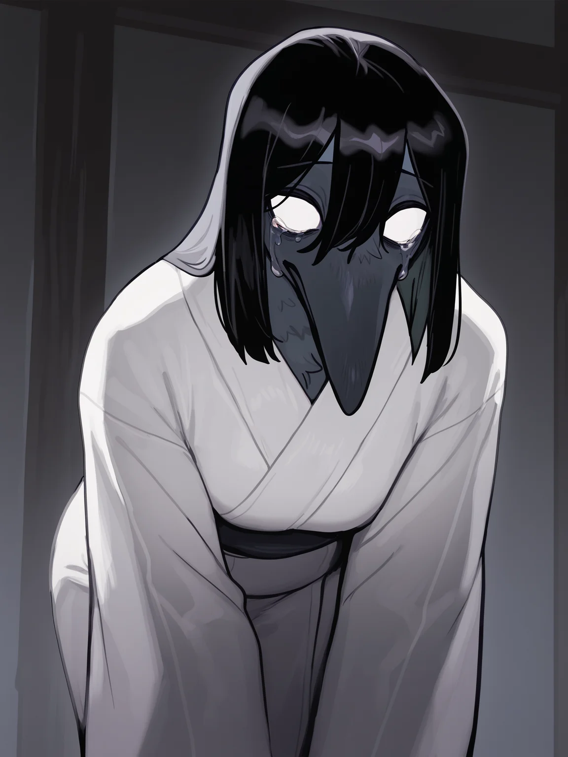 (masterpiece, best quality, very aesthetic, absurdres, artist:bebebebebe, )1girl, female, solo:1.4 (crow, corvid, beak, anthro, furry:1.4) (grey feathers, black hair short hair, straight hair:1.3) (empty eyes, blind, no irises, tears, crying, white sclera, white eyes,:1.2) (white kimono, robe, leaning forward:1.1) <lora:Bebebebebe_Style_Ill_V2:1>