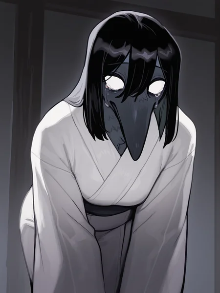 (masterpiece, best quality, very aesthetic, absurdres, artist:bebebebebe, )1girl, female, solo:1.4 (crow, corvid, beak, anthro, furry:1.4) (grey feathers, black hair short hair, straight hair:1.3) (empty eyes, blind, no irises, tears, crying, white sclera, white eyes,:1.2) (white kimono, robe, leaning forward:1.1) <lora:Bebebebebe_Style_Ill_V2:1>