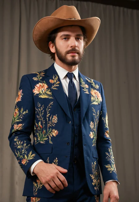 score_9, score_8_up, score_7_up, score_6_up, Stable_Yogis_PDXL_Positives,  realism, 1boy, beard, nudie suit, rhinestones, bejeweled, cowboy hat, on stage

