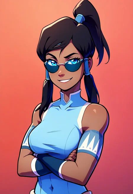 score_9, score_8_up, score_8, medium breasts, (curvy), cute, eyelashes,
rating safe,
BREAK,
aaKorra, (sunglasses, smug), black hair, ponytail, hair tubes, blue shirt, sleeveless, bare shoulders, armband, crossed arms,
,BREAK,
smile, looking at viewer, cowboy shot,
abstract background,
zPDXL, Expressiveh
