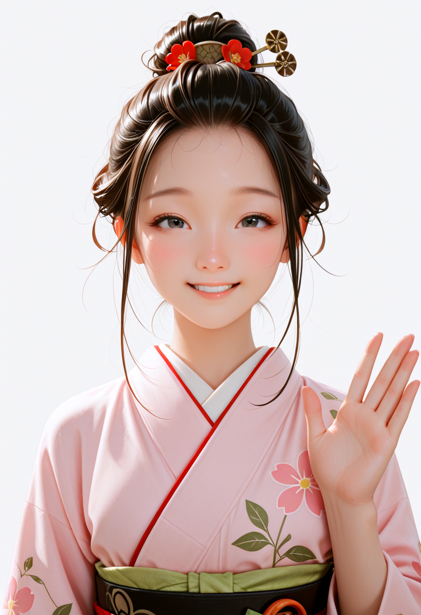 lazypos, masterpiece, best quality, amazing quality, very aesthetic, absurdres, newest, ((dynamic angle:1.4)), (detailed eyes:1.4),((ultra detailed hair:1.4))
BREAK
1girl, 14 years old, ka0ru-1zud,black eyes, long hair, (sparkling eyes:0.8), ((nihongami)), ((hair bun:1.4)), ((hair pulled back)), ((No makeup))
((J_hairstyle)), pink kimono, Japanese clothing, kimono,obi, J_kanzashi, hair ornament, traveling performer costume
BREAK
((blank background)) ((upper body)),straight-on, waving hand slightly, Nostalgic, smiling
<lora:Kaoru_-_Izu_Dancer_-_AI_Challenge:0.5>
