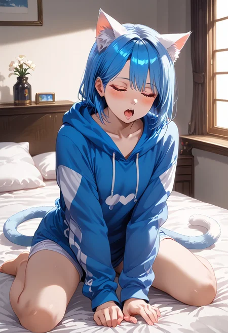 score_9, score_8_up, score_8, 1girl, Catgirl, slimes_aizome, solo, blue hair, white cat ears, white cat tail, heart eyes, oversized hoodie, kneeling on bed, waking up, stretching, highly detailed, dynamic angles, dynamic pose, yawns, Expressiveh, vivid colors
