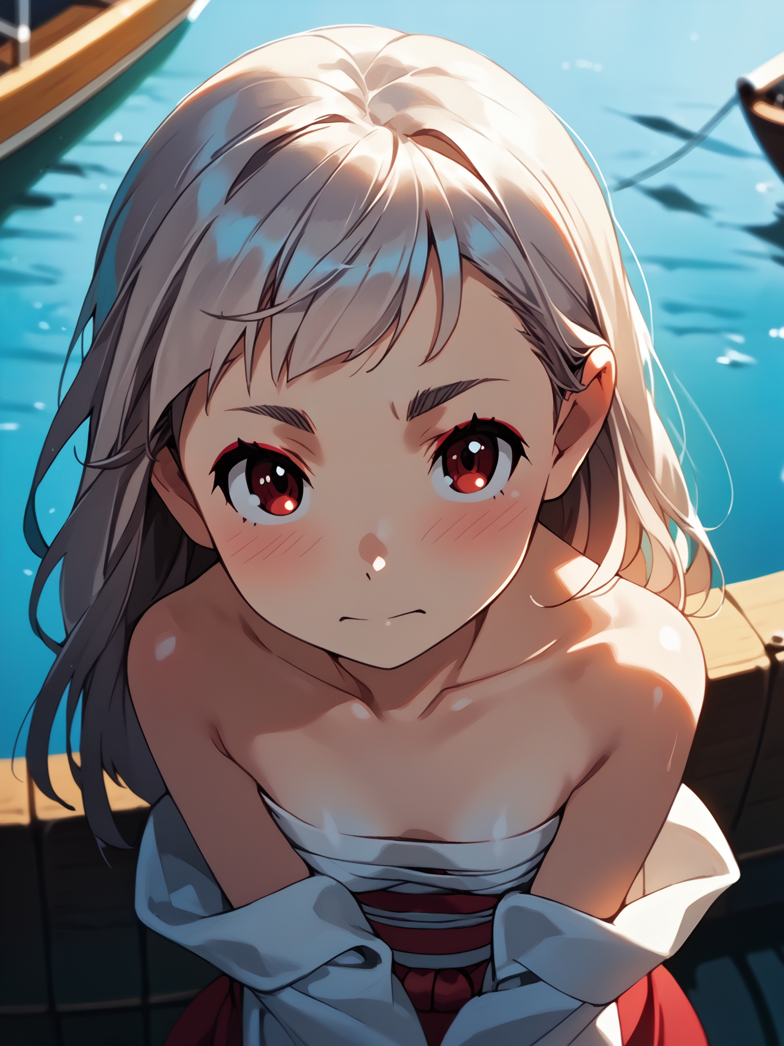 (cowboy shot, solo focus:1.2) <lora:happy_tentacle-ibaraki-v0.1-000025:1>, ht_ibaraki, makeup, blush, red eyes, japanese clothes, bare shoulders, collarbone, sarashi (petite:1.2), <lora:Shed_The_Skin's StS_age_slider_v1_initial_release:-1> ( (strapless :1.1) :1.1) ( , , ( aroused :1.2) , , looking up :1.1) outdoors, vegetation, ( :1.1), , (dawn :0.6), , ((sidelighting:0.5), (light rays, light particles:0.5) :0.5), , ( :0.9), boat, mast, sailor (( from above :1.2) :0.8) score_9, score_8_up, score_7_up, score_6_up, score_5_up, score_4_up, ( [(realistic, photorealistic:1.3):(realistic:1.2):16] [(3d:1.2)::14] :1) <lora:LUUNA's Lunas-NijiJourney-SDXL-B2:0.35>, nijijourney <lora:prgfrg23's Counterfeit-V3.0 Style SDXL_LoRA_Pony Diffusion V6 XL:0.6> <lora:mfcg's mfcgXL:0.12> <lora:reweik's gyokai(himehajime)_PonyXL_style_v01:0.14>
