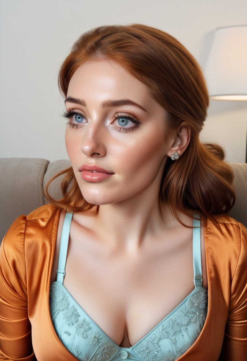 Fiona-Nobody, upper body photo from head to knees, photorealistic image of a 24-year old woman with auburn hair and blue eyes, bra, upper body, facial hair, looking at viewer, earrings,  orange dress, shirt looking up, sitting at a home on the sofa with a side table, lamp, and plants