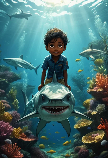 Happy young Sri Lankan boy riding on a shark underwater in Chibi style