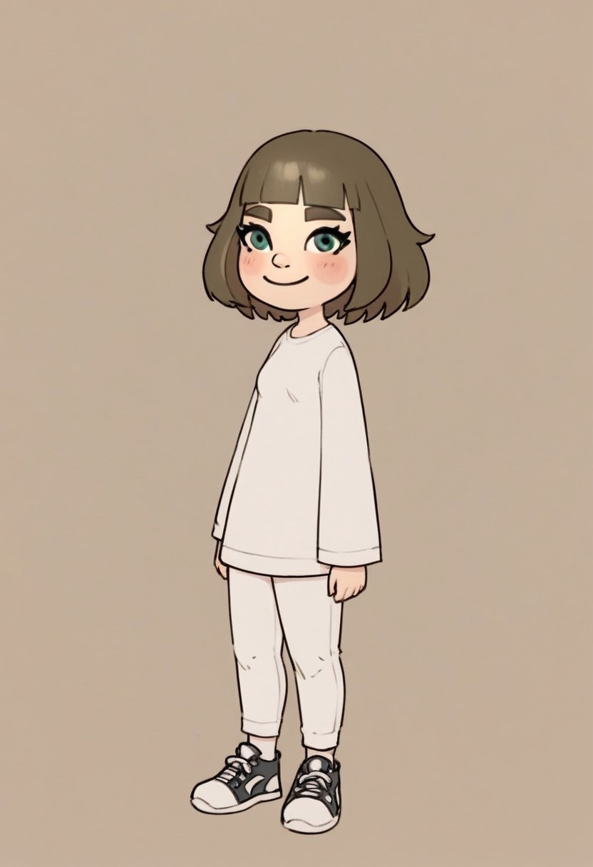 score_9, score_8_up, score_7_up, rating_safe, 
d4rkpurp, 
small nose, blush, white pants, smile, white skin, green-ish brown hair, sneakers, green eyes, female mii, fringe, mii, cute, brown eyebrows, long hair, small breasts, wii u, 1girl, white clothing, Millie_(\Wii_Sports_Club\)