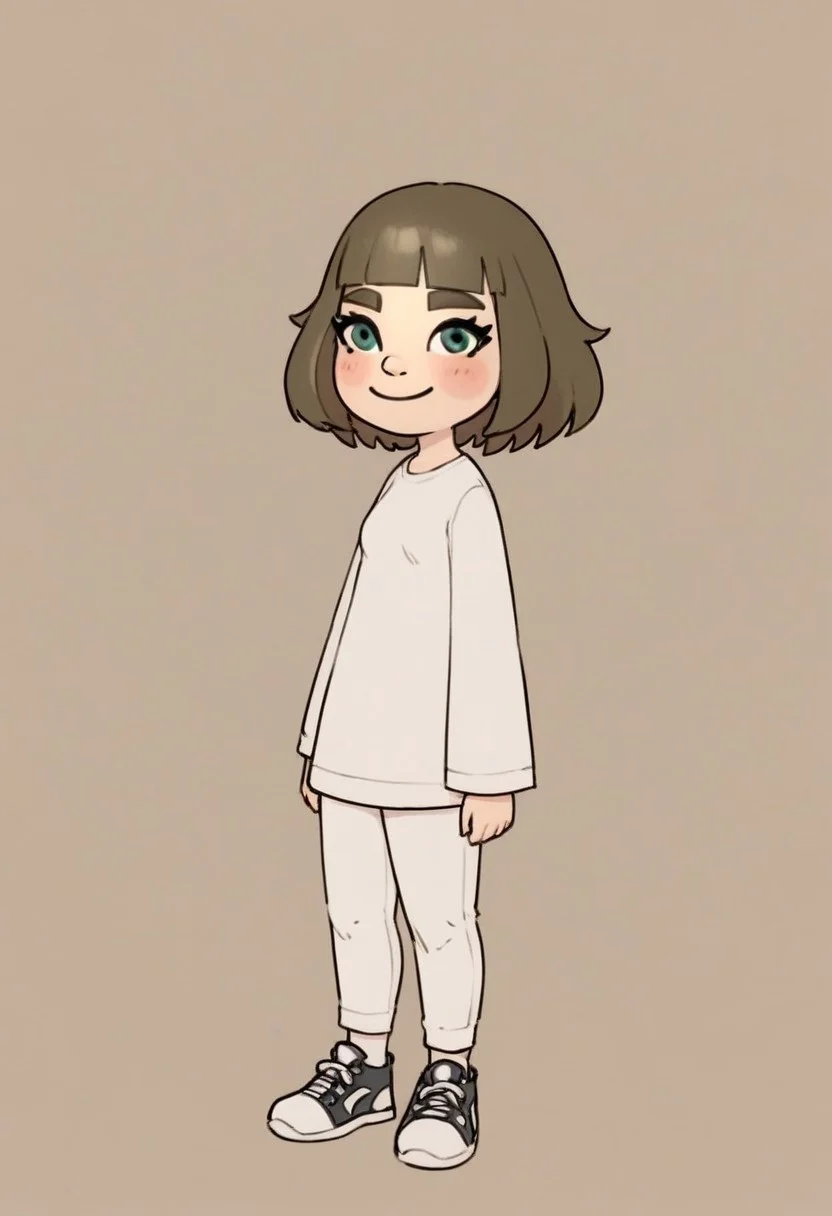 score_9, score_8_up, score_7_up, rating_safe,
d4rkpurp,
small nose, blush, white pants, smile, white skin, green-ish brown hair, sneakers, green eyes, female mii, fringe, mii, cute, brown eyebrows, long hair, small breasts, wii u, 1girl, white clothing, Millie_(\Wii_Sports_Club\)