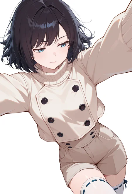 masterpiece,high quality details, absurdres,
 <lora:Sara_Takahashi:0.8> 
sara_cnr,1girl, black hair, bob cut,  short hair, bangs, blue eyes,, simple background, white background, from above,solo,, seductive smile,scowl,, arms spread wide,peaceful mood,lying on side,, double-breasted jacket  ,oversized sweater ,high-waist pants, ,ribbon-trimmed thighhighs,
