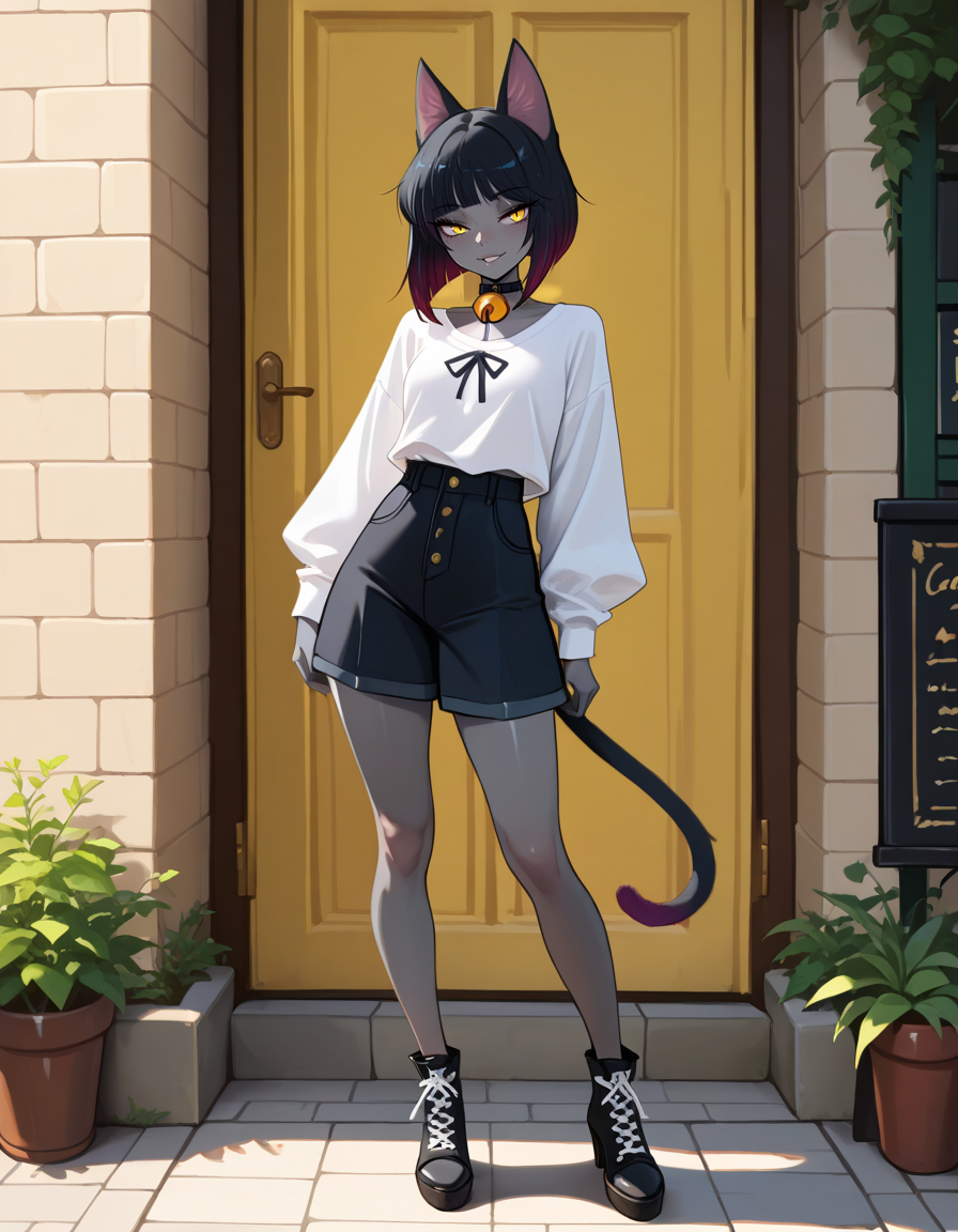 masterpiece, best quality, very aesthetic, absurdres,
outdoors, casual, 
full body, standing, posing,
seductive smile, parted lips, long eyelashes,
<lora:Agnes_v01_NAIXL:1>
4gn3s,1girl,solo,cat girl,cat ears,multicolored hair,bangs,bob cut,yellow eyes,neck bell,grey skin,cat tail,