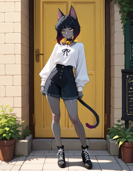 masterpiece, best quality, very aesthetic, absurdres,
outdoors, casual,
full body, standing, posing,
seductive smile, parted lips, long eyelashes,
<lora:Agnes_v01_NAIXL:1>
4gn3s,1girl,solo,cat girl,cat ears,multicolored hair,bangs,bob cut,yellow eyes,neck bell,grey skin,cat tail,