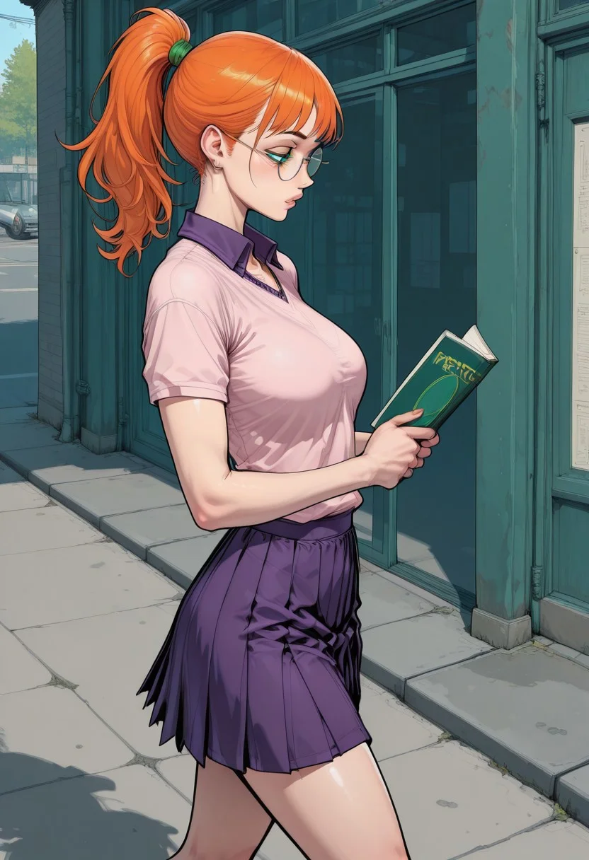 artist:fluxc0m1c, masterpiece, absurdres, solo, 1girl, woman, (caitlinf:1.2), green eyes, orange hair, ponytail, age 25, walking, round glasses, dark pink sweater, short sleeve sweater, knit sweater, medium skirt, pleated skirt, purple skirt, shirt collar, carrying books, pinup, half-closed eyes, perfect eyes, perfect quality, gorgeous girl, perfect face, college campus, outdoors, detailed shadows