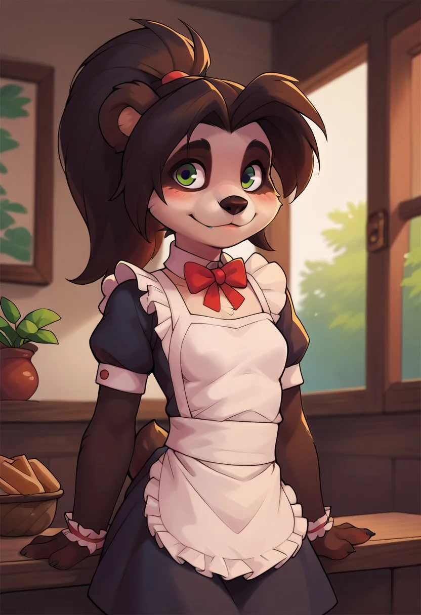 score_9, score_8_up, score_7_up, score_6_up, high detail, 4k, high resolution, sn0wsk4u,
Detailed background,
(Li li stormstout, pandaren, anthro panda, black fur, bear tail, green eyes, cute, ponytail), solo, small breasts, maid outfit,