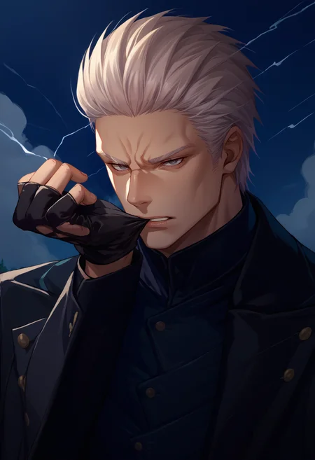 score_9, score_8_up, score_7_up, source_anime, 1boy, glove biting, mouth hold, <lora:AdjustingGlovesWithLips_XLPD:1>, upper body, <lora:dmc5_vergil_ponyXL:1> dmc5vergil, black coat, fingerless gloves, looking at viewer, outdoors, storm,