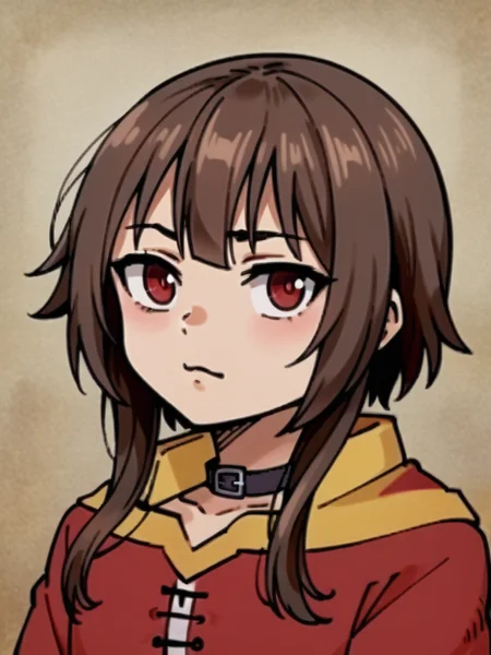 <lora:Ryoko_Kui_Portaits-PonyXL-1024px:0.9>,1girl,solo,portrait,megumin,kono_subarashii_sekai_ni_shukufuku_wo!,red eyes, brown hair
