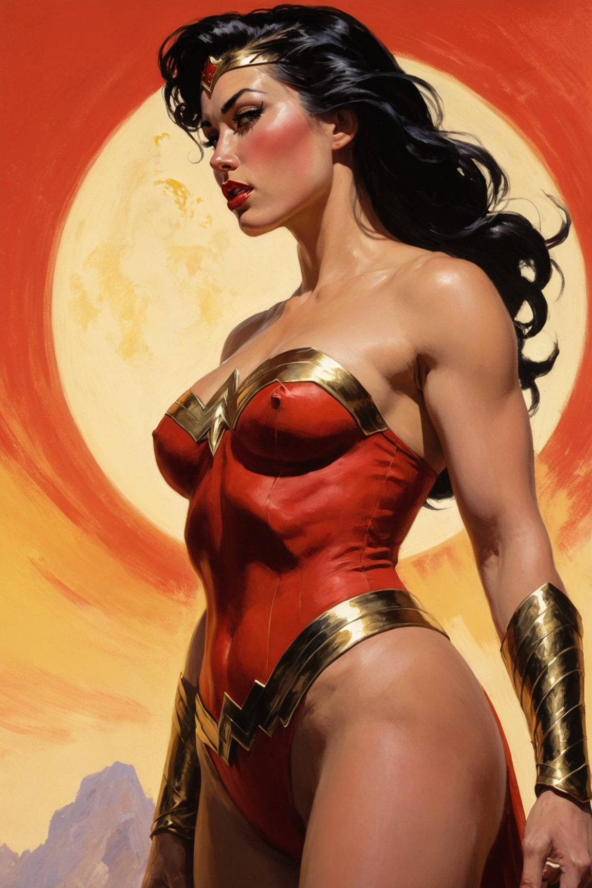 the Chinese wonder woman, extreme close up, from below, looking at the left side, character design by John Buscema, (red sun:1.35) in the background, impressionist painting by by Gaston Bussière, brush strokes, masterpiece, clean, best quality, UHD, 8K