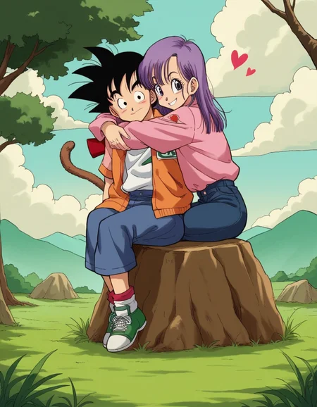 zPDXL, score_9, score_8_up, score_7_up, source_anime, 8k, absurdres, anime coloring, 1980s \(style\), retro artstyle,
<lora:4kira_v1-1:0.8> 4kira, son goku, black hair, black eyes, bulma, purple hair, purple eyes, multiple characters, 1girl, 1boy, outdoors, smiling, happy, hugging, cute, adorable, blush, heart, outdoors, mountain, sky, cloud, grass, bush, tree, looking at viewer,
