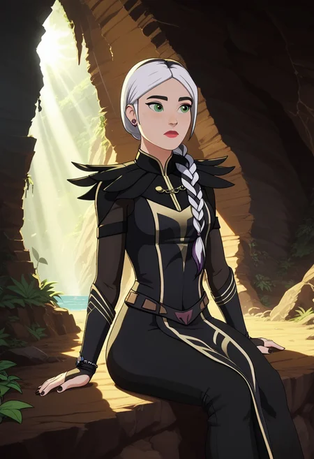 Score_9, Score_8, Score_7, TDPStyle, Claudia, Black and White Hair, Braided, Black Mage Outfit, Green Eyes, Lipstick, sitting in a cave, looking into the distance, with sunlight filtering through the windows, 1girl,