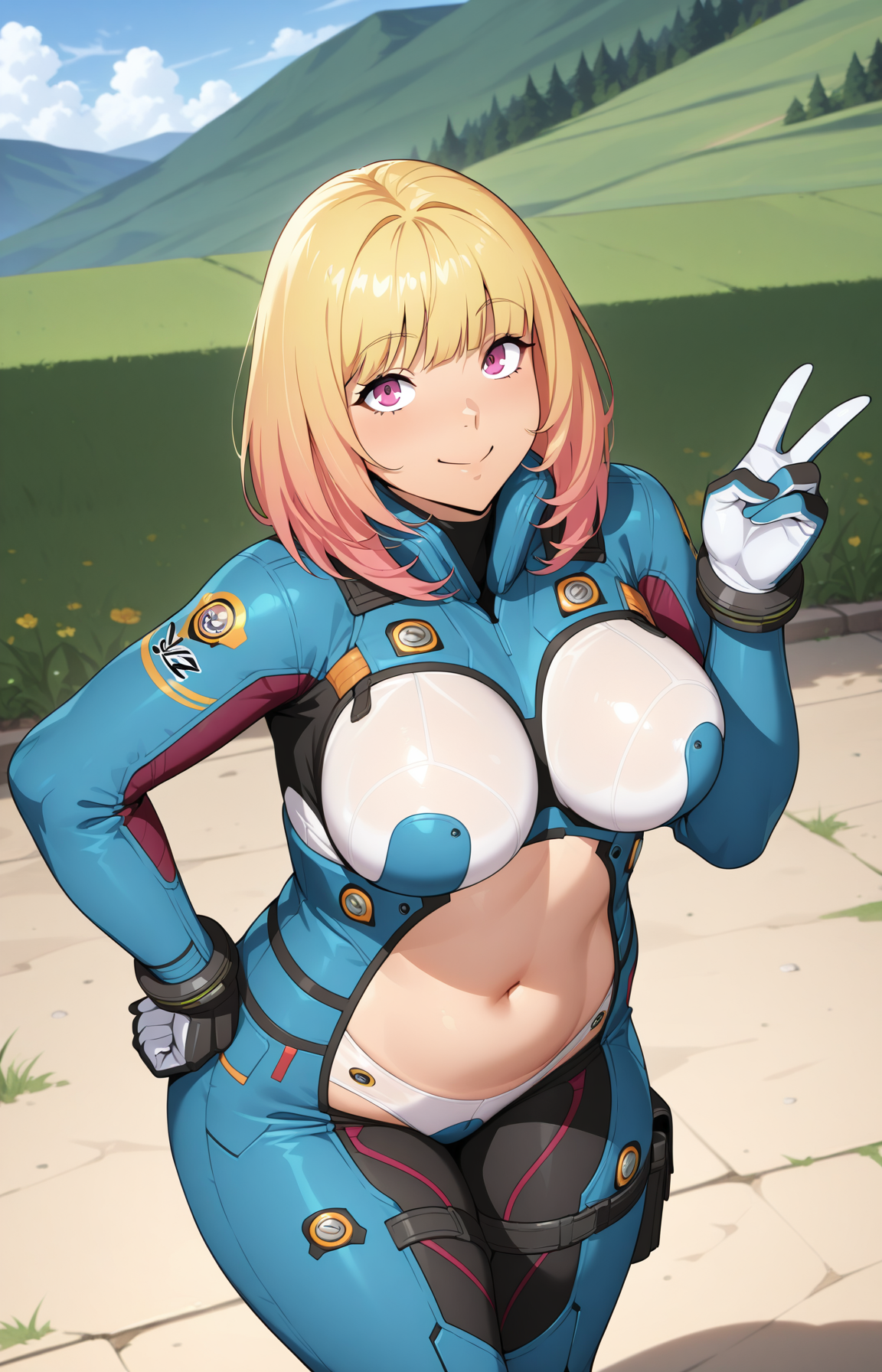 masterpiece,best quality,absurdres, amazing quality, Detailed face, Detailed skin, detailed eyes, high resolution, official art, 1girl, solo,<lora:watanabe wataru v5_epoch_14:1> w4t4n4be w4t4ru, medium hair, cowboy shot, close up to viewer, standing, smile, bodysuit, looking at viewer, navel, large breasts, outdoor, v, curvy, hand on own hip