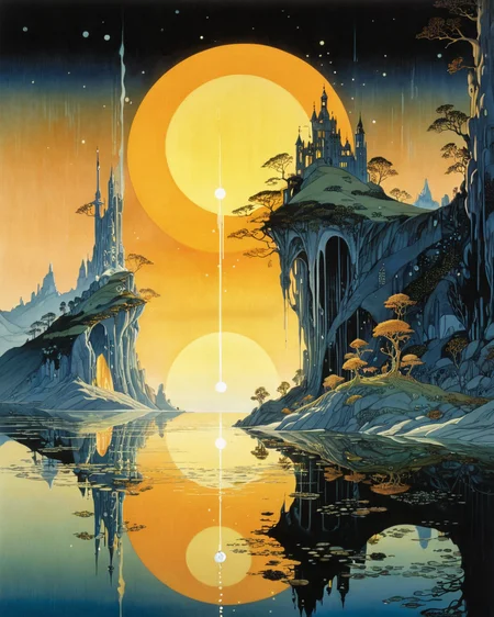 alien , Kay Nielsen , light shining through AMBER, water, reflections, dawn hour, volumetric lighting,   <lora:add-detail-xl:0.75> <lora:xl_more_art-full_v1:0.5>