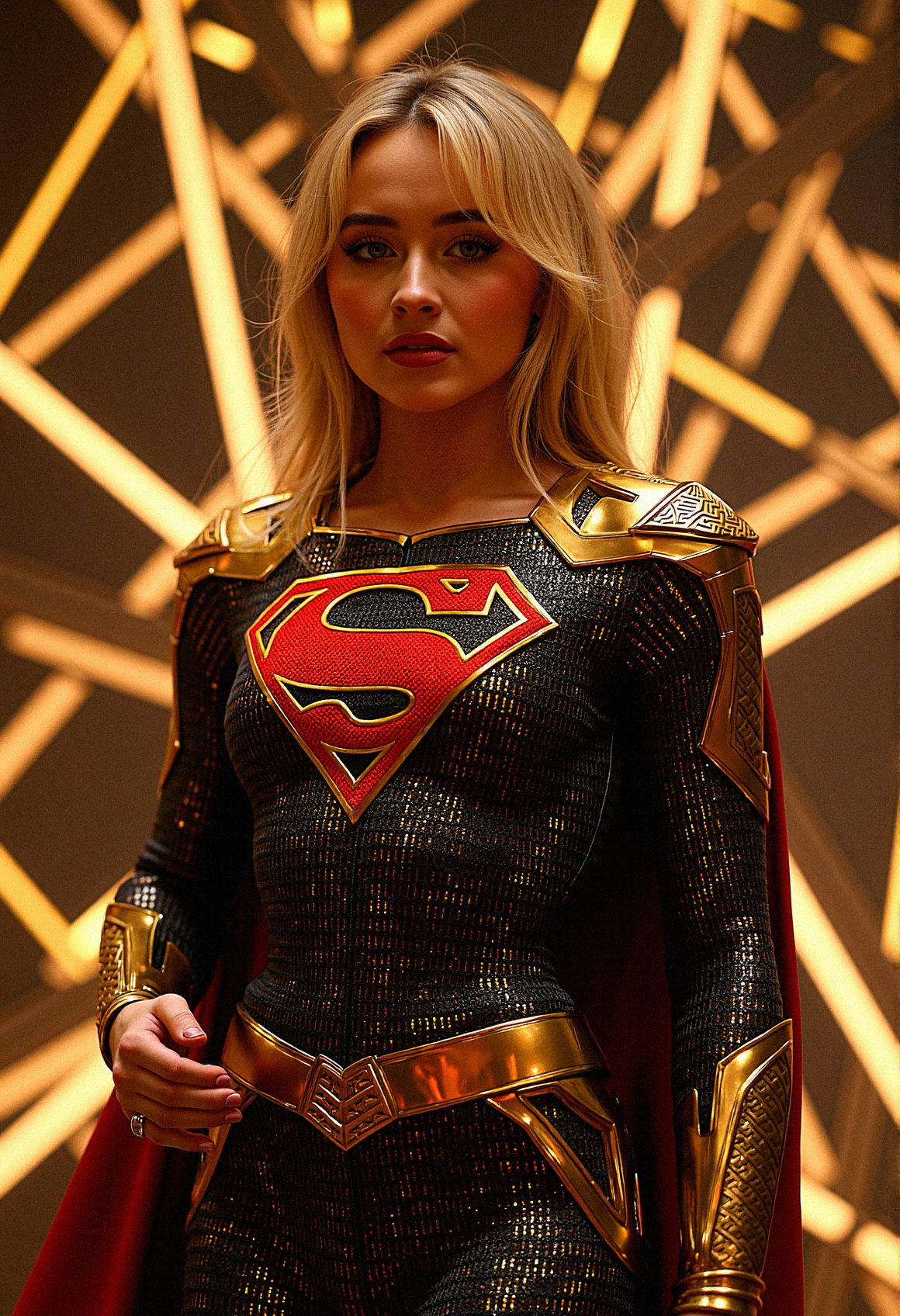 A photorealistic image of supergirl sabcarp based on fictional characters from DC Comics  enveloped in a digital nexus, her costume infused with binary code that flickers with energy the backdrop of intersecting geometric shapes that seem to pulse with a golden glow, representing her power over both the digital and physical realms.

geometric armor plating to her shoulders and chest, with sharp, angular designs that mirror the background aesthetics.Integrate glowing binary code patterns into Supergirl's suit, running along the seams and edges, highlighting her connection to the digital realm.

She stands with one hand raised, palm facing outwards as if signaling to calm down, her expression firm but gentle.
