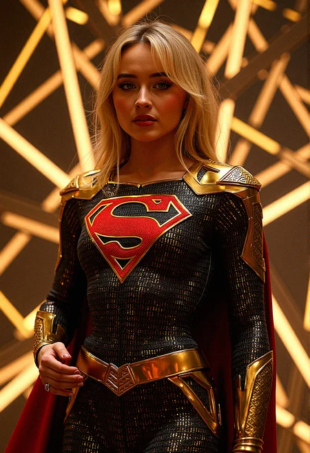 A photorealistic image of supergirl sabcarp based on fictional characters from DC Comics enveloped in a digital nexus, her costume infused with binary code that flickers with energy the backdrop of intersecting geometric shapes that seem to pulse with a golden glow, representing her power over both the digital and physical realms.
geometric armor plating to her shoulders and chest, with sharp, angular designs that mirror the background aesthetics.Integrate glowing binary code patterns into Supergirl's suit, running along the seams and edges, highlighting her connection to the digital realm.
She stands with one hand raised, palm facing outwards as if signaling to calm down, her expression firm but gentle.