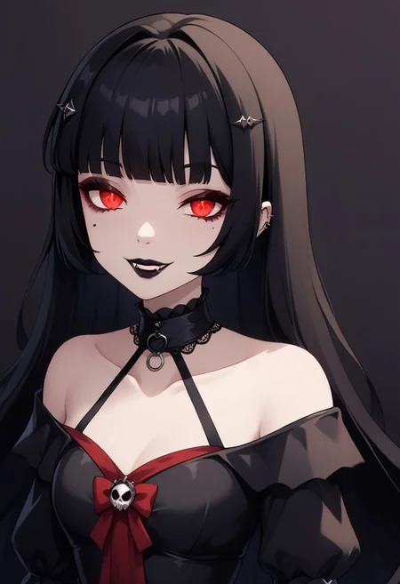 score_9, score_8_up, score_7_up, score_6_up, (haaru),concept art, digital artwork, highly detailed, sharp focus, portrait, rikop5x, black hair, very long hair, blunt bangs, hairclip, <lora:princess_xl_v2:0.3>, <lora:VampirePonyLora:0.9> vampire, red eyes, glowing eyes, fangs, <lora:Gothic:1>, GothicC, makeup, black lipstick, mascara, black nails, gothic dress, black dress, red dress, covered shoulders, fishnet, half closed eyes, smug, evil smile, dark background