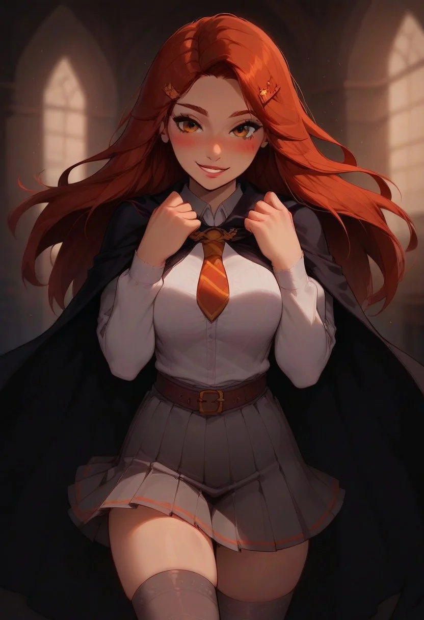 score_9, score_8_up, score_7_up, score_6_up, Expressiveh, very aesthetic, cute, sexy, hot, blush, flushed, blushing, bokeh:1.2, ((gray pleated skirt, hogwarts uniform, Gryffindor uniform, Hogwarts, Ginny Weasley, straight red hair, straight hair:1.2, middle part:1.2, black cloak, white dress shirt, red and gold tie:1.4, gray skirt, gray stockings, thighhighs)), (striped tie:1.3, her tie is red and gold), hair clip, belt, bright brown eyes, red hair, bright red hair, white sleeves, (long hair, waist length hair), ((maroon hair:1.4, dark red hair, black cape, cloak)), dynamic pose, ((solo, 1girl)), ((portrait, face focus:1.4 close up, smile, smiling)), PalyGinny