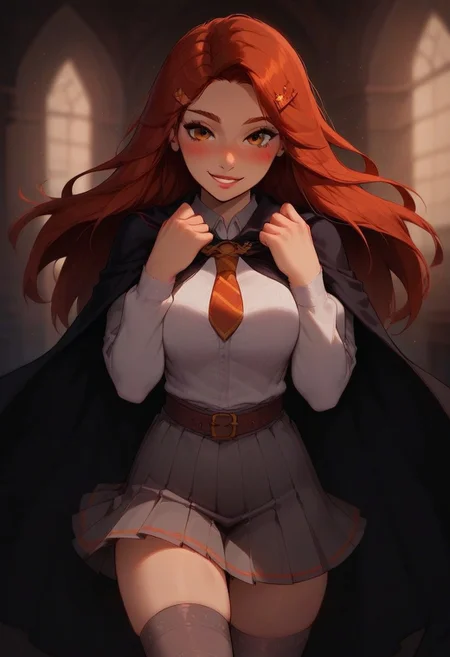 score_9, score_8_up, score_7_up, score_6_up, Expressiveh, very aesthetic, cute, sexy, hot, blush, flushed, blushing, bokeh:1.2, ((gray pleated skirt, hogwarts uniform, Gryffindor uniform, Hogwarts, Ginny Weasley, straight red hair, straight hair:1.2, middle part:1.2, black cloak, white dress shirt, red and gold tie:1.4, gray skirt, gray stockings, thighhighs)), (striped tie:1.3, her tie is red and gold), hair clip, belt, bright brown eyes, red hair, bright red hair, white sleeves, (long hair, waist length hair), ((maroon hair:1.4, dark red hair, black cape, cloak)), dynamic pose, ((solo, 1girl)), ((portrait, face focus:1.4 close up, smile, smiling)), PalyGinny