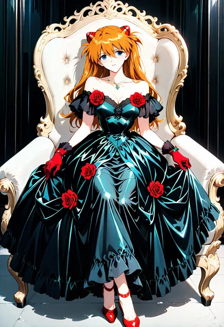 1girl,solo,looking at viewer, ikeda ruriko,gr dress, flower, black dress, red flower, gloves, jewelry, bare shoulders, red footwear, souryuu_asuka_langley,sitting,