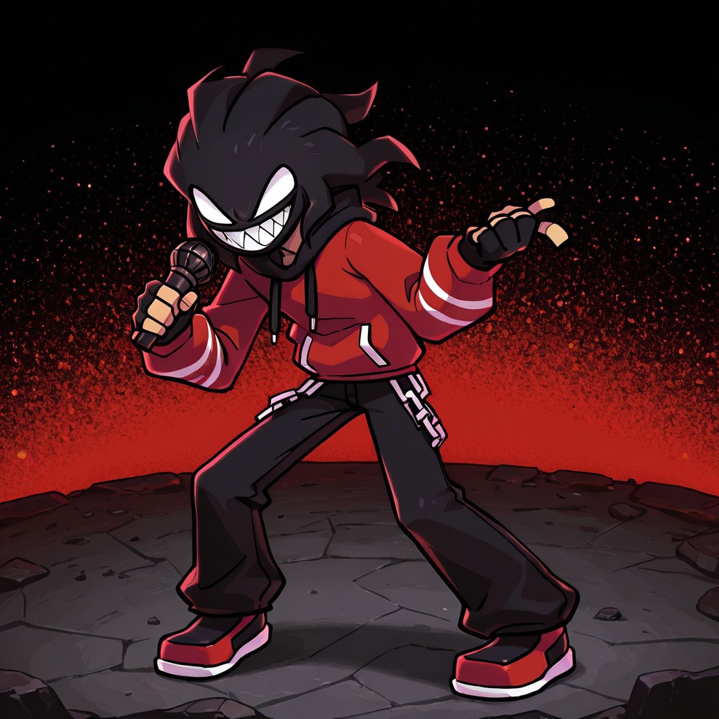 2d, 1boy, solo, Agoti, male, humanoid, monster boy, black head, black hair, short hair, tendril-like hair, hair down, white sclera, no pupils, red hoodie, black hoodie drawstrings, black fingerless gloves, black pants, white chains, red and black shoes, white shoe soles,  
BREAK full body, holding single microphone, full body, grin, sharp teeth, standing
BREAK best quality, amazing quality, very aesthetic, absurdres, newest, masterpiece