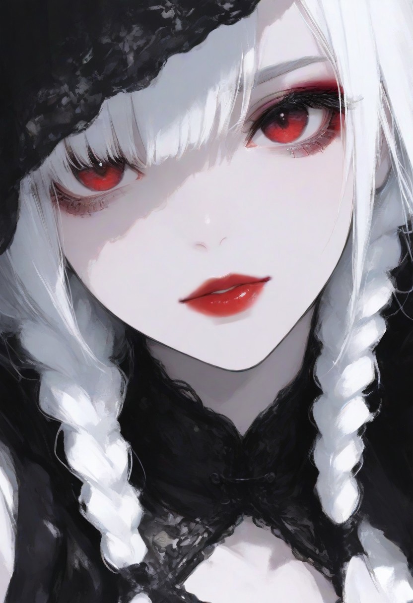 masterpiece, best quality, 1girl, solo, looking at viewer, white hair,  red lips,  braid,
black and white, 
close up,