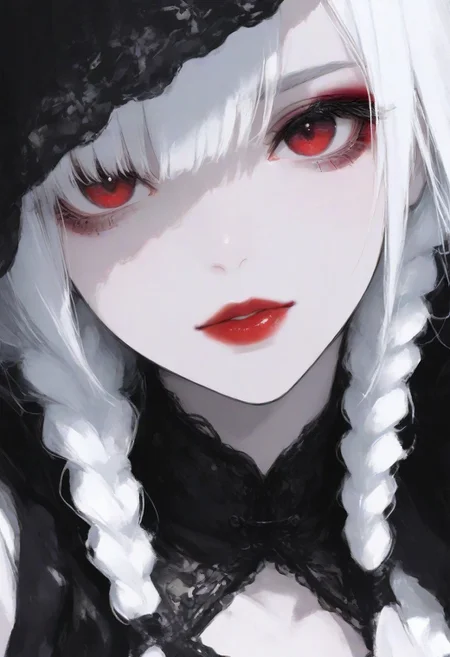 masterpiece, best quality, 1girl, solo, looking at viewer, white hair, red lips, braid,
black and white,
close up,