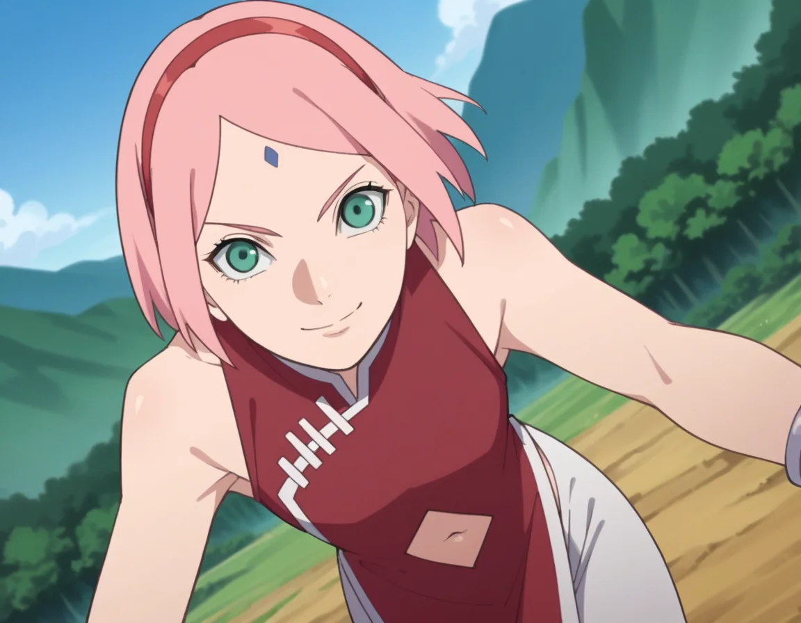 score_9, score_8_up, score_7_up, source_anime,
sakuraharuno, <lora:sakura-haruno-boruto-anime-ponyxl-lora-nochekaiser:1>,
sakura haruno, short hair, green eyes, pink hair, hairband, facial mark, forehead mark, red hairband,
navel, bare shoulders, jewelry, sleeveless, pants, bracelet, dress, red dress,
outdoors, landscape, bent over, smile,
solo, dutch angle, looking at viewer, cowboy shot,