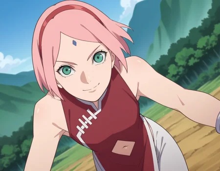 score_9, score_8_up, score_7_up, source_anime,
sakuraharuno, <lora:sakura-haruno-boruto-anime-ponyxl-lora-nochekaiser:1>,
sakura haruno, short hair, green eyes, pink hair, hairband, facial mark, forehead mark, red hairband,
navel, bare shoulders, jewelry, sleeveless, pants, bracelet, dress, red dress,
outdoors, landscape, bent over, smile,
solo, dutch angle, looking at viewer, cowboy shot,