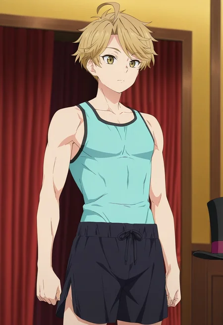 masterpiece, best quality, intricate details, anime screencap, anime coloring, official style, , 1boy, solo, male focus, <lora:yuuma_nikaidou_ilxl:0.9>, yuuma_nikaidou, blonde hair, yellow eyes, short hair, ahoge, , Harem shorts, Muscle tank, , Top hat,