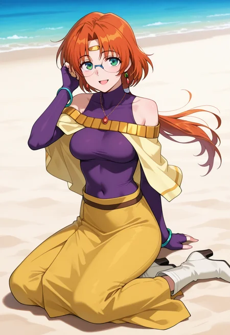 masterpiece, best quality, amazing quality, absurdres, 1girl, solo, ailaww, mature female, green eyes, orange hair, long hair, low ponytail, glasses, rimless eyewear, medium breasts, circlet, yellow capelet, purple turtleneck shirt, sleeveless, covered collarbone, bare shoulders, purple elbow gloves, fingerless gloves, covered navel, yellow long skirt, white boots, high heels, jewelry, earrings, necklace, bracelet, <lora:Aila_Mahou_Senshi_Louie_ill_v12:0.9>, sitting, yokozuwari, hair tucking, adjusting hair, floating hair, wind, looking at viewer, smile, open mouth, outdoors, day, beach, ocean, skindentation, detailed clothing folds, depth of field, sharp, high contrast, dynamic light
