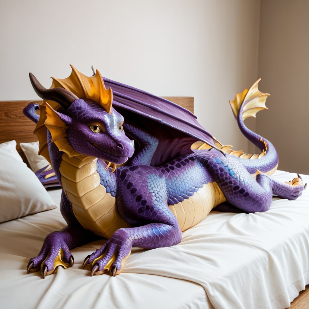 score_9, score_8_up, score_7_up, score_6_up, score_5_up, score_4_up, masterpiece, high quality, realistic, detailed, best quality, white bed, solo, rating_safe, source_furry, bedroom, smiling, seductive, looking at viewer, lying on belly, AquaticDragon, dragon, scales, head frill, head crest, ear frill, tail fin, webbed hands, webbed feet, western dragon, wings, spotted scales, purple scales, yellow frill, yellow underbelly, 1girl, female, feral, close up