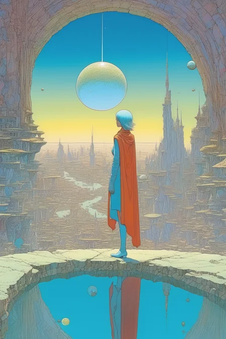 <lora:Moebius (Jean Giraud) Style:1>Moebius (Jean Giraud) Style - In the unpublished and breathtaking image from the Arzach album by Moebius, the essence of the Master's artistry shines through with remarkable clarity. in the foreground a mystical and beautiful woman standing on a circular stone who flies through the air in a busy street of a extraordinary city designed by Moebius, witg a lot of water. The vertical composition, elegantly presented in a 2:3 format, unveils a scene of unparalleled beauty that resonates perfectly with the spirit of the album. Prepare to be mesmerized by the sheer originality that permeates every aspect of this artwork. As your eyes wander across the canvas, you'll encounter a harmonious fusion of elements that defy convention and ignite the imagination. It is a visual symphony that stands as a testament to Moebius's boundless creativity. Vibrant and sublime colors dominate the image, bursting forth with a luminosity that captivates the viewer. The hues intertwine seamlessly, creating a rich tapestry that evokes a profound sense of awe. From ethereal pastels to vibrant bursts of intensity, the color palette is carefully orchestrated to evoke emotions and transport you to a realm of pure visual delight. Within this captivating tableau, the world of Arzach comes to life. Majestic landscapes unfold, adorned with surreal and fantastical elements that blur the lines between reality and imagination. Enigmatic creatures, both elegant and mysterious, clothing in the style of Moebius, strange bird in the style of Moebius, canyon, strange blue grass populate the scene, inviting you to explore their enigmatic world. Moebius's artistic mastery is evident in the intricate details meticulously woven into the image. Each stroke of the brush or pen contributes to the overall narrative, telling a story that is open to interpretation and invites contemplation. The composition invites you to delve into the depths of its symbolism and immerse yourself in the profound beauty it offers. This painting should transport us to a realm where the extraordinary will become ordinary, where the imagination will reign supreme and where the legacy of Moebius' "Arzach" album will endure. This unique jewel will sum up the essence of the Master's art, because it will dazzle with its originality, its beauty and the sublime colors that will spring from its core. Action, Highly Impressive & Realistic Poses, Hyper-detailed, Insane Details, Intricate Details, Cinematics, Editorial Art, Photo Shoot, Tilt Blur, Super-Resolution, Megapixels, Unreal Engine 5, Studio Lighting, Volumetric, Optical, Diffusion Glowing, Shadows, Proportions, Rough, Shimmery, Ray Tracing Reflections, Glossy, Lumen Reflections, Screen Space Reflections, Diffraction Rating, Chromatic Aberration, GB Shift, Ray Tracing, Ray Tracing Ambient Occlusion Anti-Ali asing, Post-Processing, Post-Production, Cel Shading, Tone Mapping, Incredibly Detailed and Intricate, Hypermaximalist, Sleek, Hyper Realistic, Super Detailed, Dynamic Pose, Hyperrealism, HDI, 8k