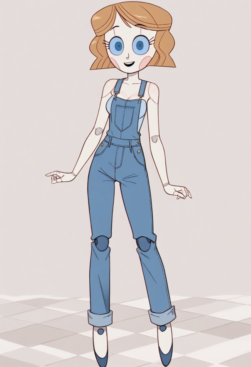 Score_9_up, score_8_up, score_7_up, BREAK 1girl, source_cartoon, emmytr, cybernetic skin, robot, cyborg, robotic,e-girl,(robot metal joints:1.5), Robot Girl, Robogirl, white skin,
Brown hair, medium breasts, cute,  blue eyes, 
Standing, full body, overalls,denim, bare arms, bare shoulders, sleeveless, bedroom eyes, smug,