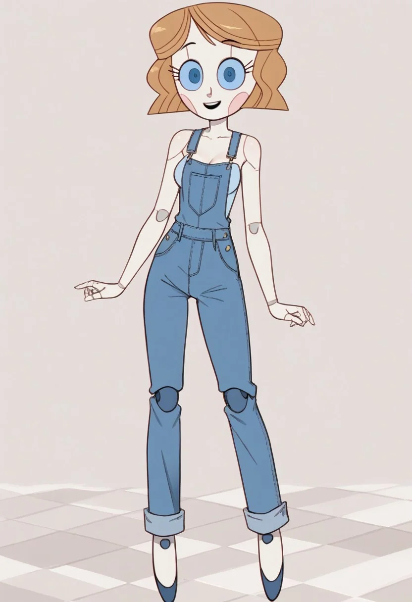 Score_9_up, score_8_up, score_7_up, BREAK 1girl, source_cartoon, emmytr, cybernetic skin, robot, cyborg, robotic,e-girl,(robot metal joints:1.5), Robot Girl, Robogirl, white skin,
Brown hair, medium breasts, cute,  blue eyes, 
Standing, full body, overalls,denim, bare arms, bare shoulders, sleeveless, bedroom eyes, smug,