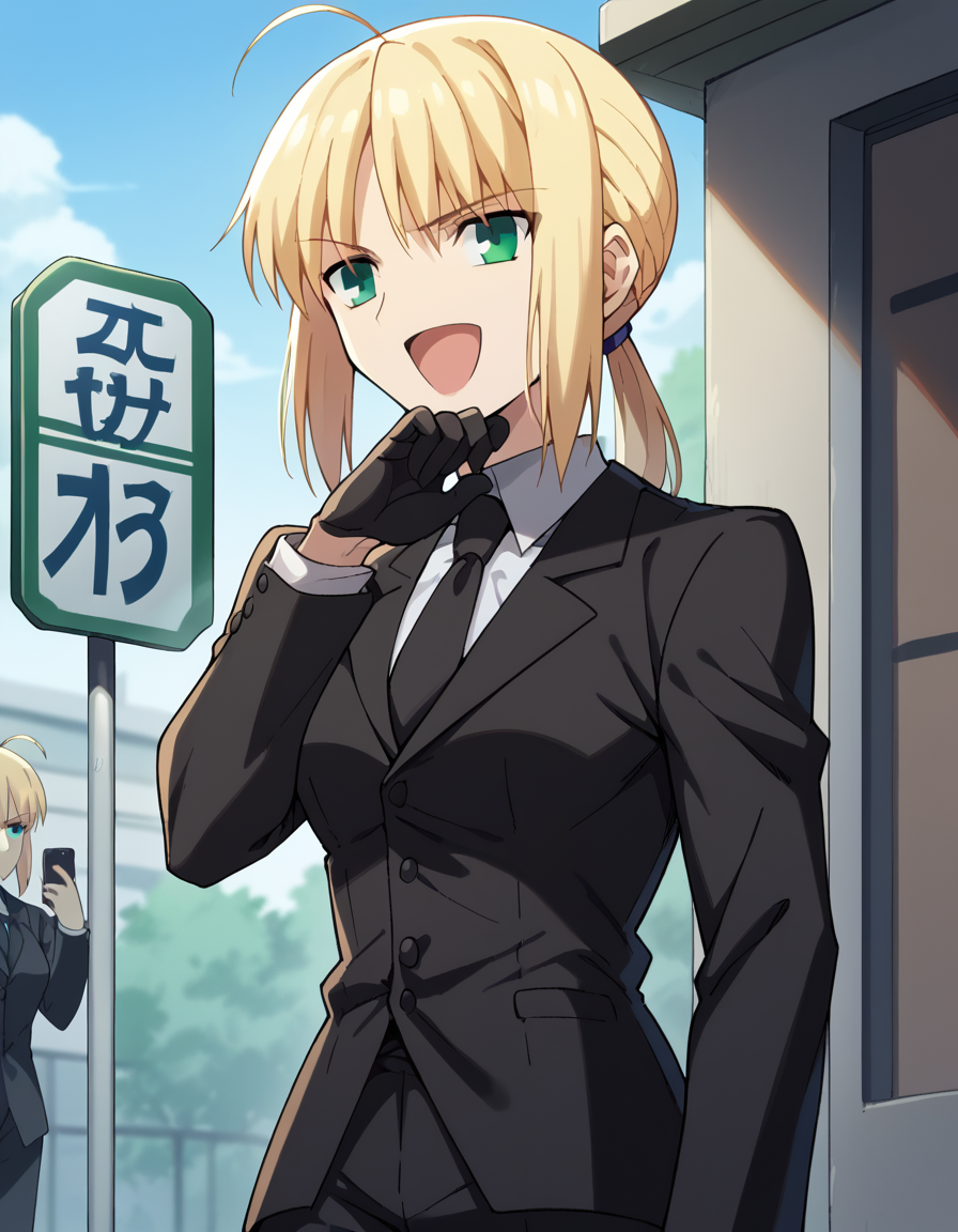 score_9, score_8_up, score_7_up, source_anime, <lora:artoria-pendragon-zero-ponyxl-lora-nochekaiser:1>, artoria pendragon, artoria pendragon (fate), saber, long hair, blonde hair, green eyes, ponytail, ahoge, medium breasts,, gloves, necktie, black gloves, pants, formal, suit, pant suit,, bus stop, waiting, commuter, smartphone, checking time, cold morning, , <lora:ojou-sama-pose-ponyxl-lora-nochekaiser:1>, ojou-sama pose, laughing, smug, hand to own mouth, open mouth,, looking at viewer, solo,, dutch angle, cowboy shot