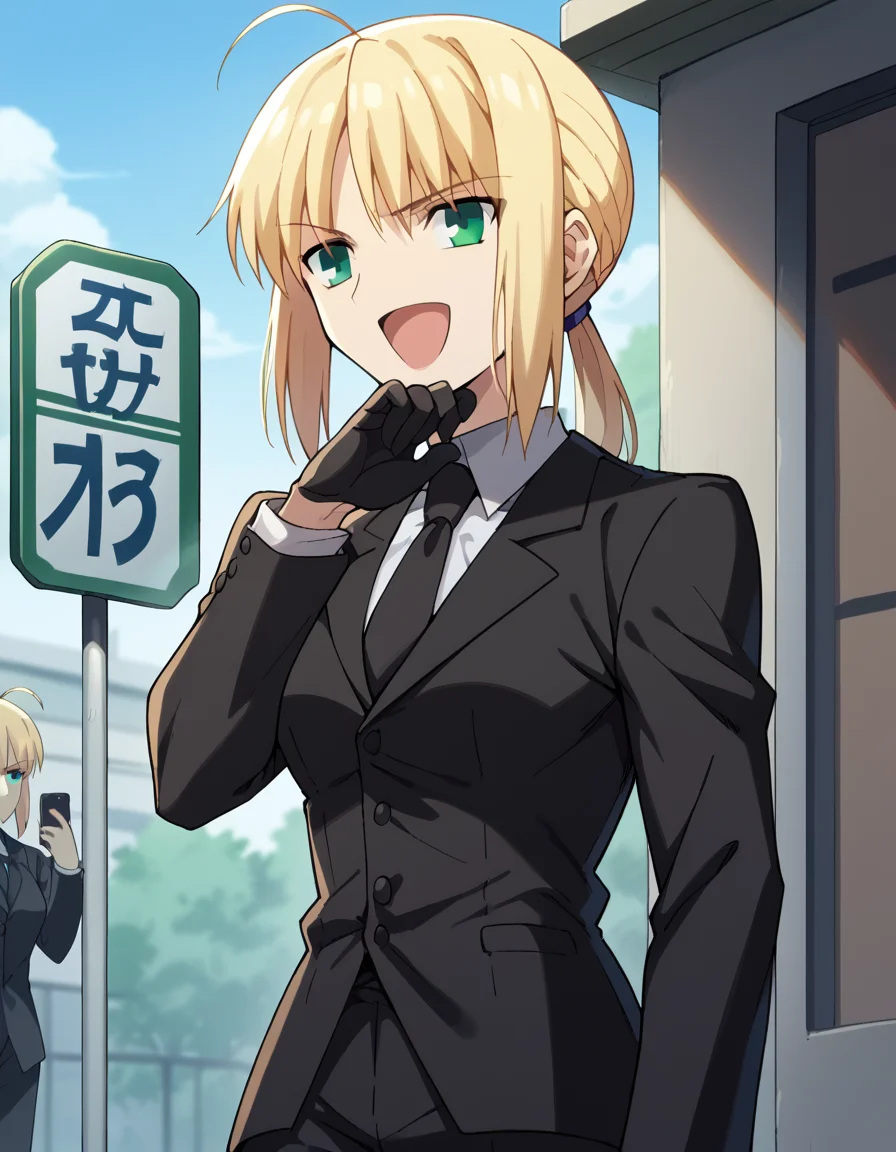 score_9, score_8_up, score_7_up, source_anime, <lora:artoria-pendragon-zero-ponyxl-lora-nochekaiser:1>, artoria pendragon, artoria pendragon (fate), saber, long hair, blonde hair, green eyes, ponytail, ahoge, medium breasts,, gloves, necktie, black gloves, pants, formal, suit, pant suit,, bus stop, waiting, commuter, smartphone, checking time, cold morning, , <lora:ojou-sama-pose-ponyxl-lora-nochekaiser:1>, ojou-sama pose, laughing, smug, hand to own mouth, open mouth,, looking at viewer, solo,, dutch angle, cowboy shot