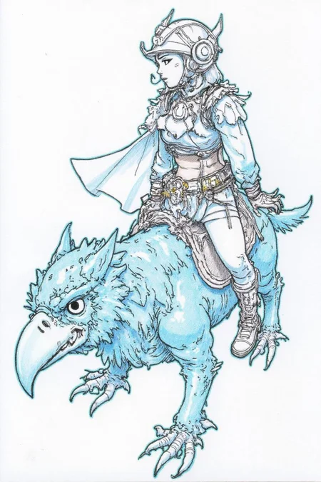 kj9 illustration.
miyaha1 manga illustration. Profile of a young woman dressed in a blue and white outfit adorned with a helmet and a large, ornate belt. The woman is riding a large, fantastical creature with a bird-like head, primarily blue in color, with a beak that resembles a beaked creature or a mythical beast. <lora:kj91_cap_d6a3e12:1.0><lora:819910189097421266:0>