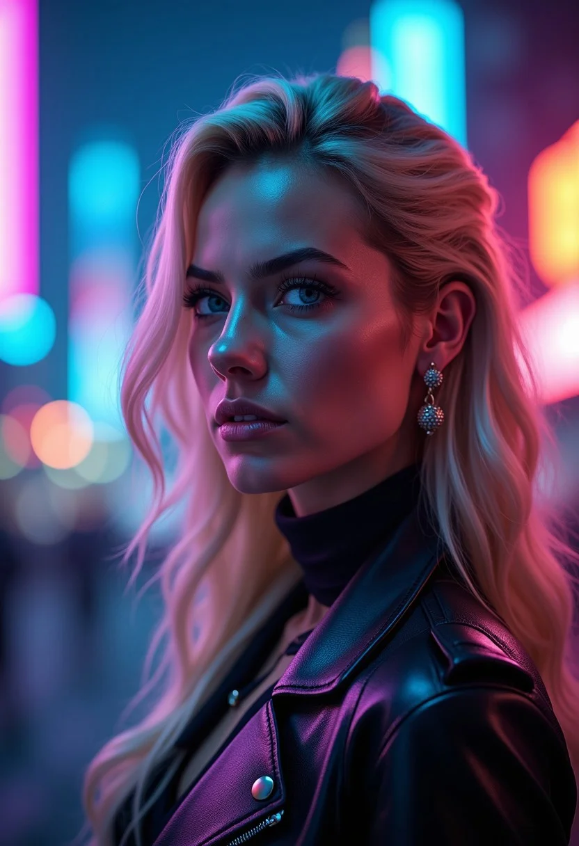 A stunning blonde female in a profile portrait, her sharp features highlighted by the neon glow around her. Her piercing blue eyes lock onto the viewer with an intense, Amazonian gaze, radiating confidence and power. The background is a futuristic cityscape at night, a blur of towering skyscrapers and glowing neon signs that blend into a kaleidoscope of colors. A neon color gradient overlays the scene, casting her face in hues of electric blues, purples, and pinks. Soft bokeh lights dance across the image, creating a dreamlike effect, while the light catches the delicate strands of her hair, making them shimmer like spun gold. The atmosphere is electric and surreal, the neon lights reflecting in her eyes, enhancing her allure with a vibrant, otherworldly beauty.