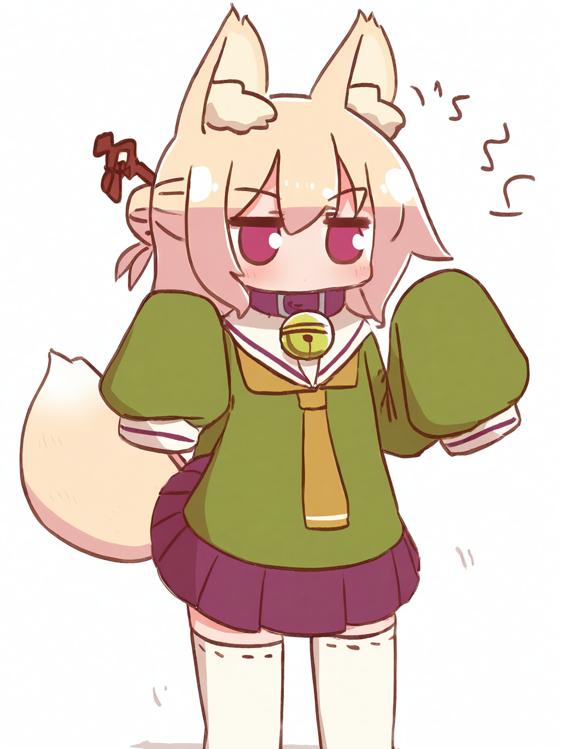 <lora:kemomimi_xl_lion:1>kemomimi, (realistic:1.2)
,1girl, solo, neck bell, collar, skirt, thighhighs, ribbon-trimmed legwear, fox tail, sleeves past wrists, bell, sleeves past fingers, purple skirt, white background, green shirt, blonde hair, brown collar, shirt, pleated skirt, jingle bell, fox girl, long sleeves, single hair bun, white thighhighs, ribbon trim, flat chest, sailor collar, blush, white sailor collar, simple background, looking away, orange necktie, necktie, notice lines, tail raised, cowboy shot, hand up, standing