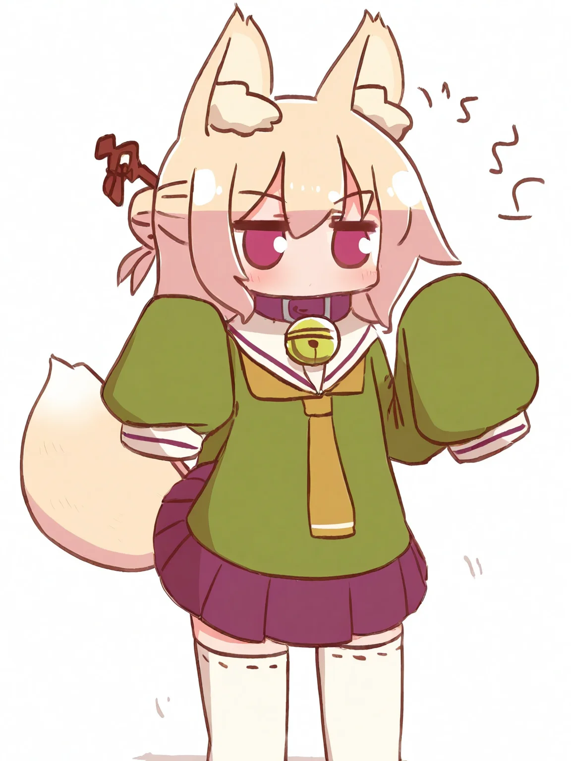 <lora:kemomimi_xl_lion:1>kemomimi, (realistic:1.2)
,1girl, solo, neck bell, collar, skirt, thighhighs, ribbon-trimmed legwear, fox tail, sleeves past wrists, bell, sleeves past fingers, purple skirt, white background, green shirt, blonde hair, brown collar, shirt, pleated skirt, jingle bell, fox girl, long sleeves, single hair bun, white thighhighs, ribbon trim, flat chest, sailor collar, blush, white sailor collar, simple background, looking away, orange necktie, necktie, notice lines, tail raised, cowboy shot, hand up, standing