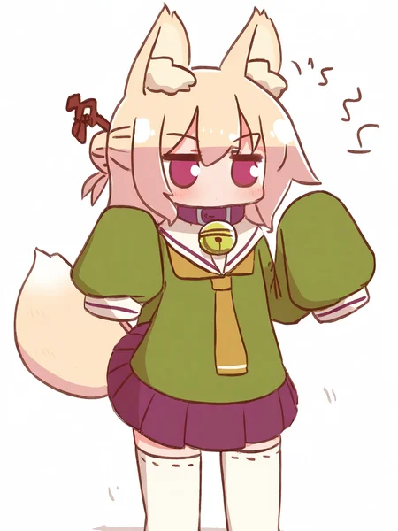 <lora:kemomimi_xl_lion:1>kemomimi, (realistic:1.2)
,1girl, solo, neck bell, collar, skirt, thighhighs, ribbon-trimmed legwear, fox tail, sleeves past wrists, bell, sleeves past fingers, purple skirt, white background, green shirt, blonde hair, brown collar, shirt, pleated skirt, jingle bell, fox girl, long sleeves, single hair bun, white thighhighs, ribbon trim, flat chest, sailor collar, blush, white sailor collar, simple background, looking away, orange necktie, necktie, notice lines, tail raised, cowboy shot, hand up, standing