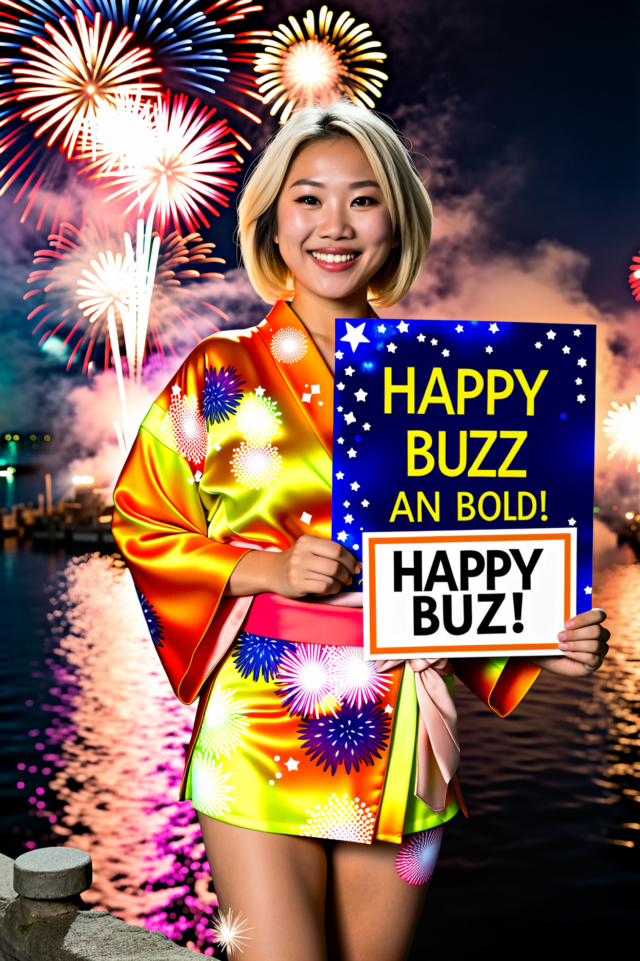Photo of a blonde asian female stands in a harbor, surrounded by vibrant fireworks that illuminate the night sky, as she holds a sign that reads "HAPPY BUZZ!" in bold, a slight smile on her face. She is wearing an orange kimono.