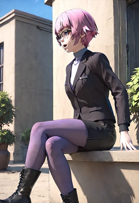 <lora:sdxl_lightning_8step_lora:1> <lora:Fixhands_anime_bdsqlsz_V1:1>score_9, score_8_up, score_7_up, source_anime, intricate details, perfect anatomy BREAK
1girl, solo, gis-esakipurin, pink hair, short hair, purple eyes, black-framed eyewear, black jacket, black shorts, gis-esakipurin outfit, purple pantyhose, black boots,
from side, crossed legs, Neutral, A relaxed facial expression with a slightly open mouth., outdoors,
<lora:gis-esakipurin_XL(pony)fix:0.9>