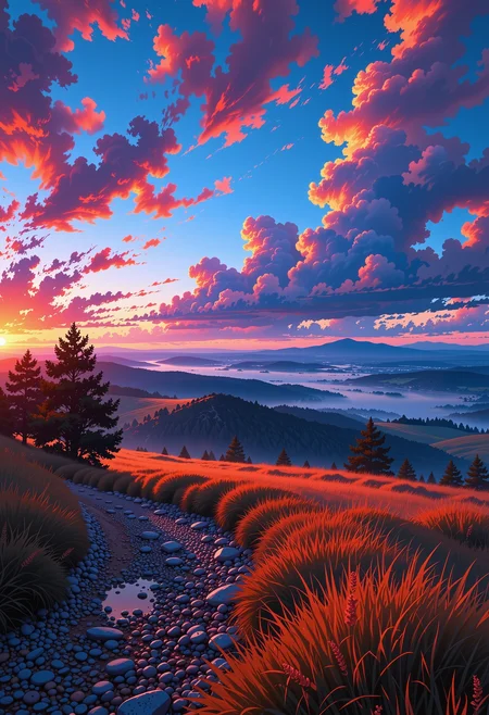 In the predawn hours, a vibrant sunrise illuminates the vast, sprawling prairie, casting a golden glow that dances across the landscape. the scene unfolds with a dramatic interplay of light and shadow. The horizon is a blazing tapestry of fiery reds, oranges, and yellows, set against the deep, cool tones of the night sky, which remains a haunting expanse of black and blue. The mist rising from the prairie adds an ethereal, almost magical quality to the scene, creating a delicate veil that softens the contours of the land. The focal shadow, cast by the plateau, cuts a sharp, diagonal line across the composition, enhancing the sense of depth and mystery. The gravel and scattered rocks, partially covered by tufts of golden grass, form a textured foreground, adding a sense of rough, natural beauty to the otherwise serene landscape. subtle luminous energy effects pepper the scene, casting dynamic highlights that interact with the mist and the shadows. The gravel, with its polished, smooth texture, glistens under the ethereal glow as it (curves away) into the lower left third of the scene, while the grass sways gently in the early morning breeze, creating a sense of movement and vitality. The high-contrast color palette, with its bold and vibrant hues, brings the scene to life, creating a powerful and otherworldly atmosphere. Every element, from the fiery sunrise to the dark, shadow-drenched areas, is meticulously detailed, with fine gradients and intricate textures that enhance the overall intensity and dynamic range. The result is a captivating and energetic landscape that feels both familiar and profoundly mystical, a testament to the beauty and power of nature., ultra-detailed, hyper-detailed, ambient lighting, volumetric lighting, (masterpiece), (Amazing quality), (phenomenal aesthetic), cinematic moment, 8K<lora:FLUX_Ghibsky_Illustrations.safetensors:0.8:1.0>